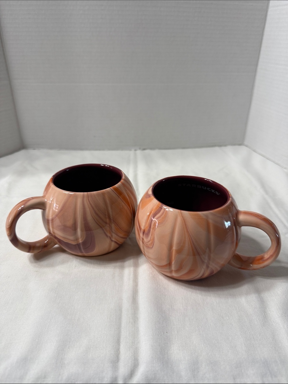 Set of 2 Starbucks 2025 Fall Orange Marbled Swirl Pumpkin Spice Ceramic Mugs Cup